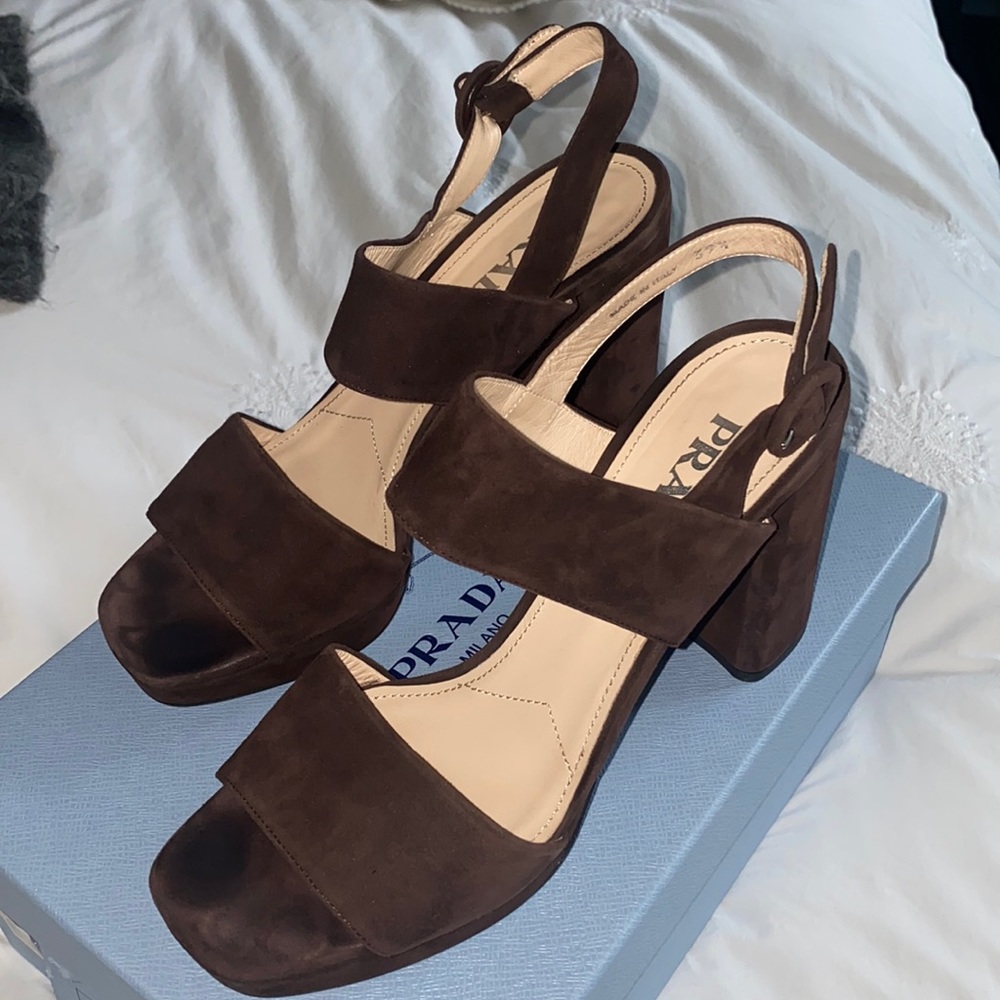 Prada Block Heel Suede Sandal
